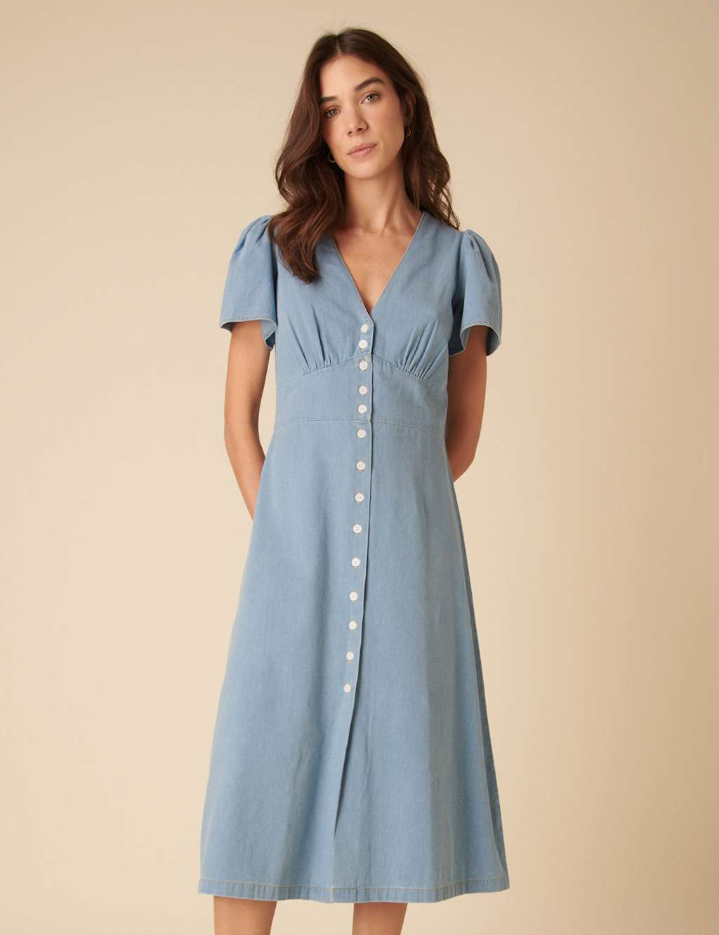 Pure Cotton Denim V-Neck Puff Sleeve Midi Dress 2 of 4