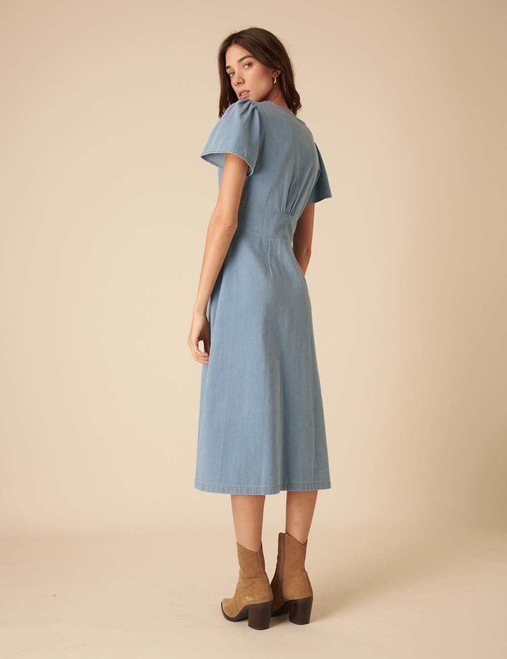 Pure Cotton Denim V-Neck Puff Sleeve Midi Dress 3 of 4