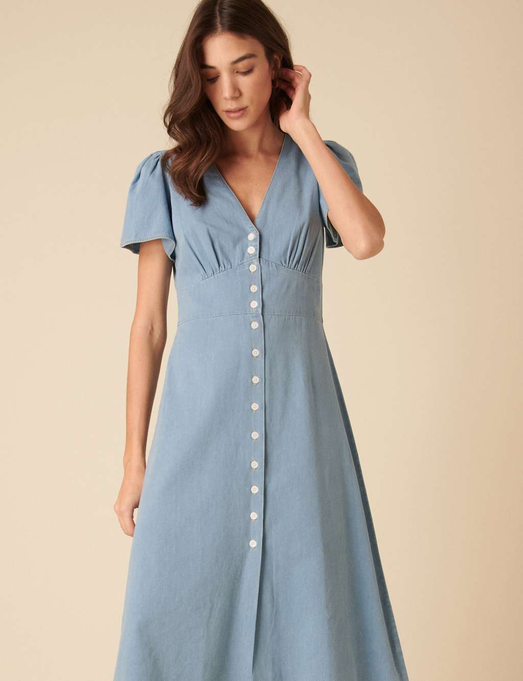 Pure Cotton Denim V-Neck Puff Sleeve Midi Dress 4 of 4