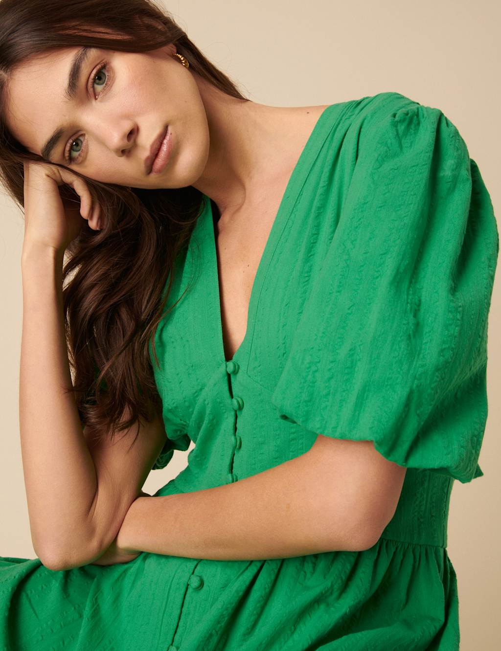 Pure Cotton V-Neck Midaxi Waisted Dress 4 of 5