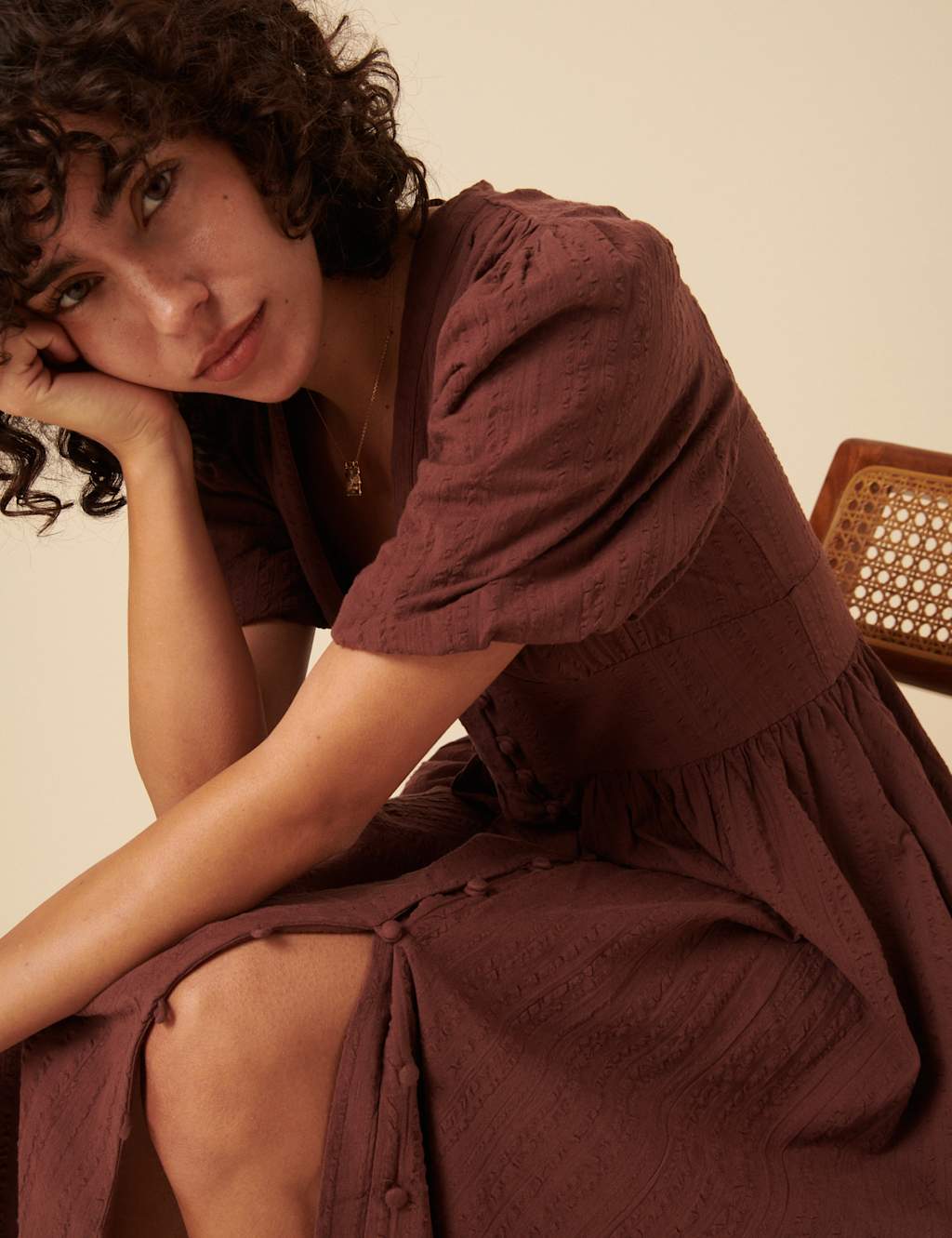 Pure Cotton V-Neck Midaxi Waisted Dress 4 of 4