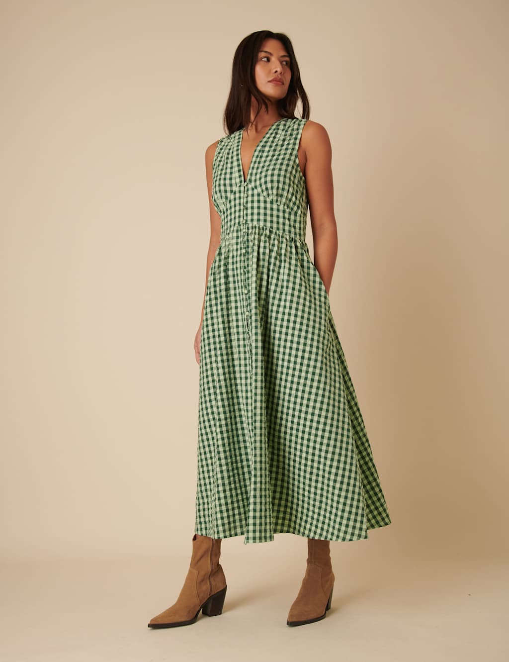 Pure Cotton Gingham Midaxi Waisted Dress 2 of 7