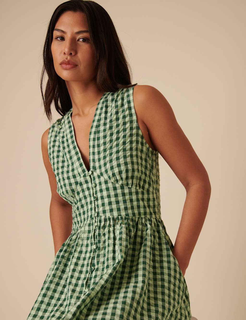 Pure Cotton Gingham Midaxi Waisted Dress 6 of 7