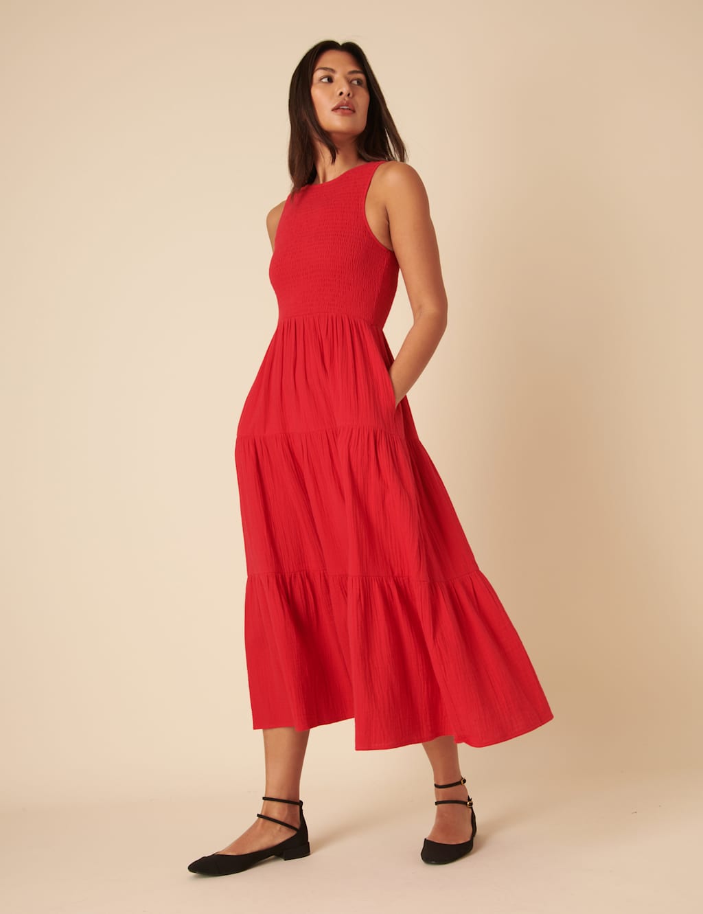 Pure Cotton Midaxi Shirred Tiered Dress 2 of 4