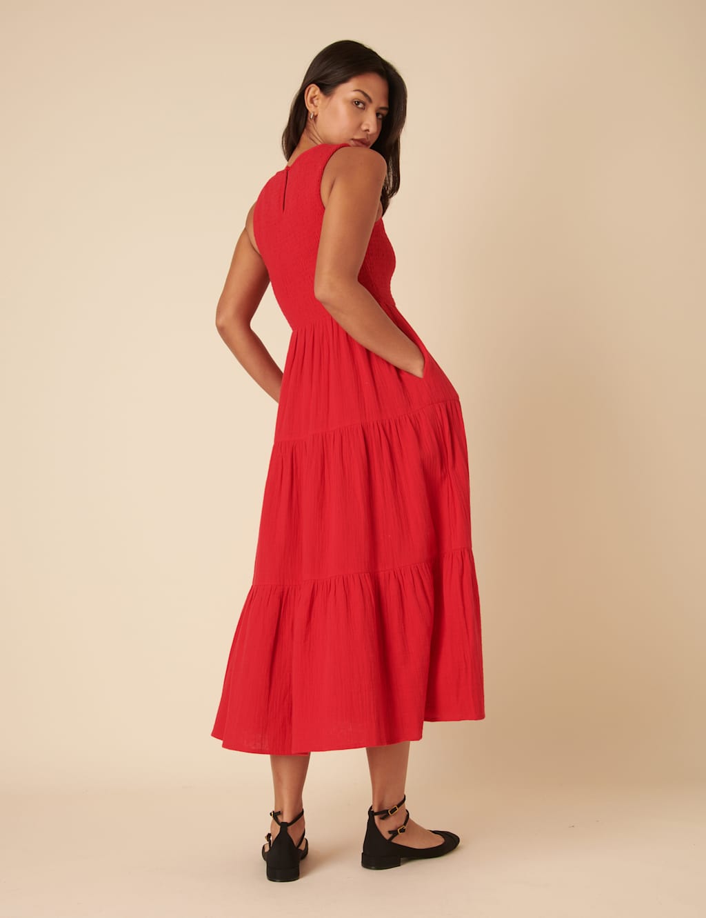 Pure Cotton Midaxi Shirred Tiered Dress 3 of 4