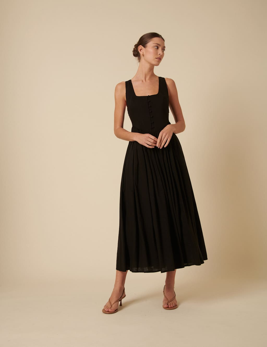 Square Neck Button Front Midaxi Waisted Dress with Linen 2 of 5