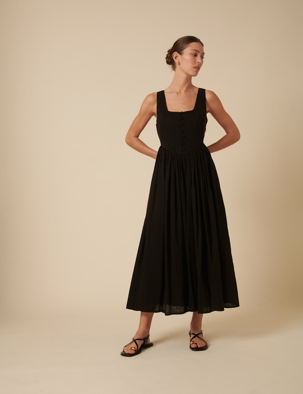 Square Neck Button Front Midaxi Waisted Dress with Linen 5 of 5