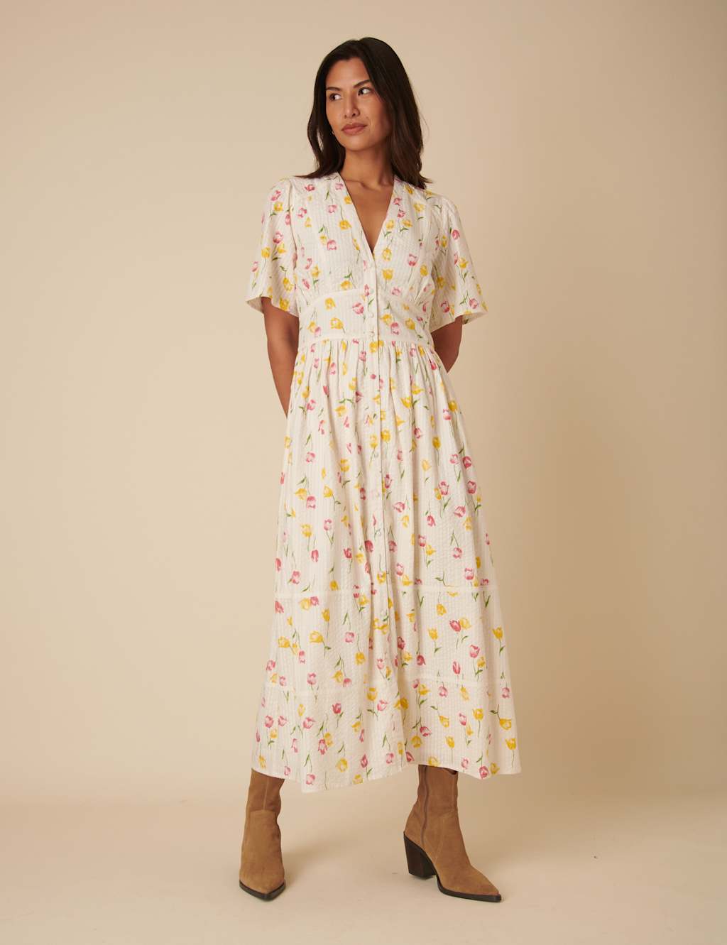 Pure Cotton Floral V-Neck Midaxi Waisted Dress 2 of 4
