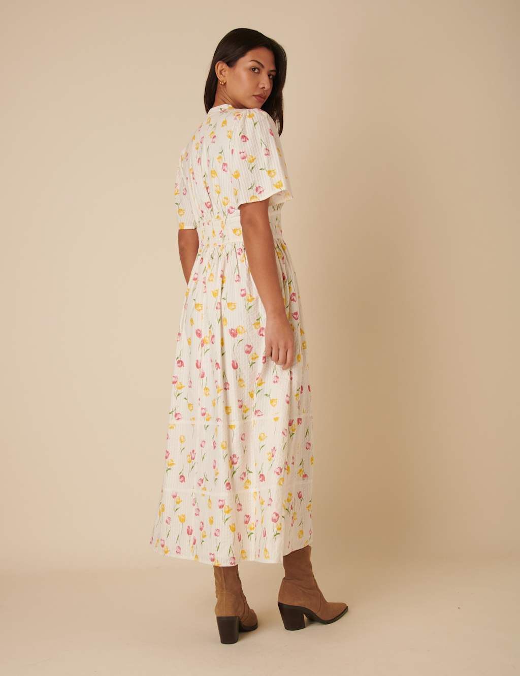 Pure Cotton Floral V-Neck Midaxi Waisted Dress 3 of 4