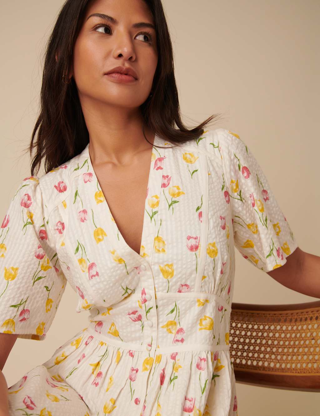 Pure Cotton Floral V-Neck Midaxi Waisted Dress 4 of 4