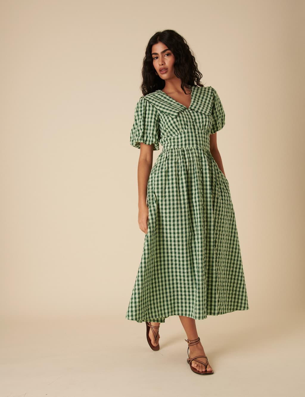 Pure Cotton Gingham Midaxi Waisted Dress 2 of 4