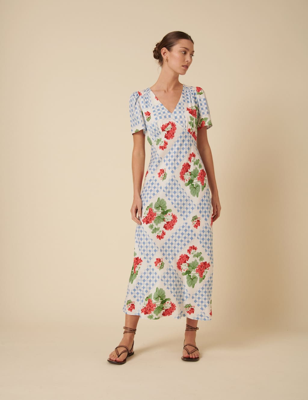 Floral V-Neck Puff Sleeve Midi Tea Dress 2 of 4