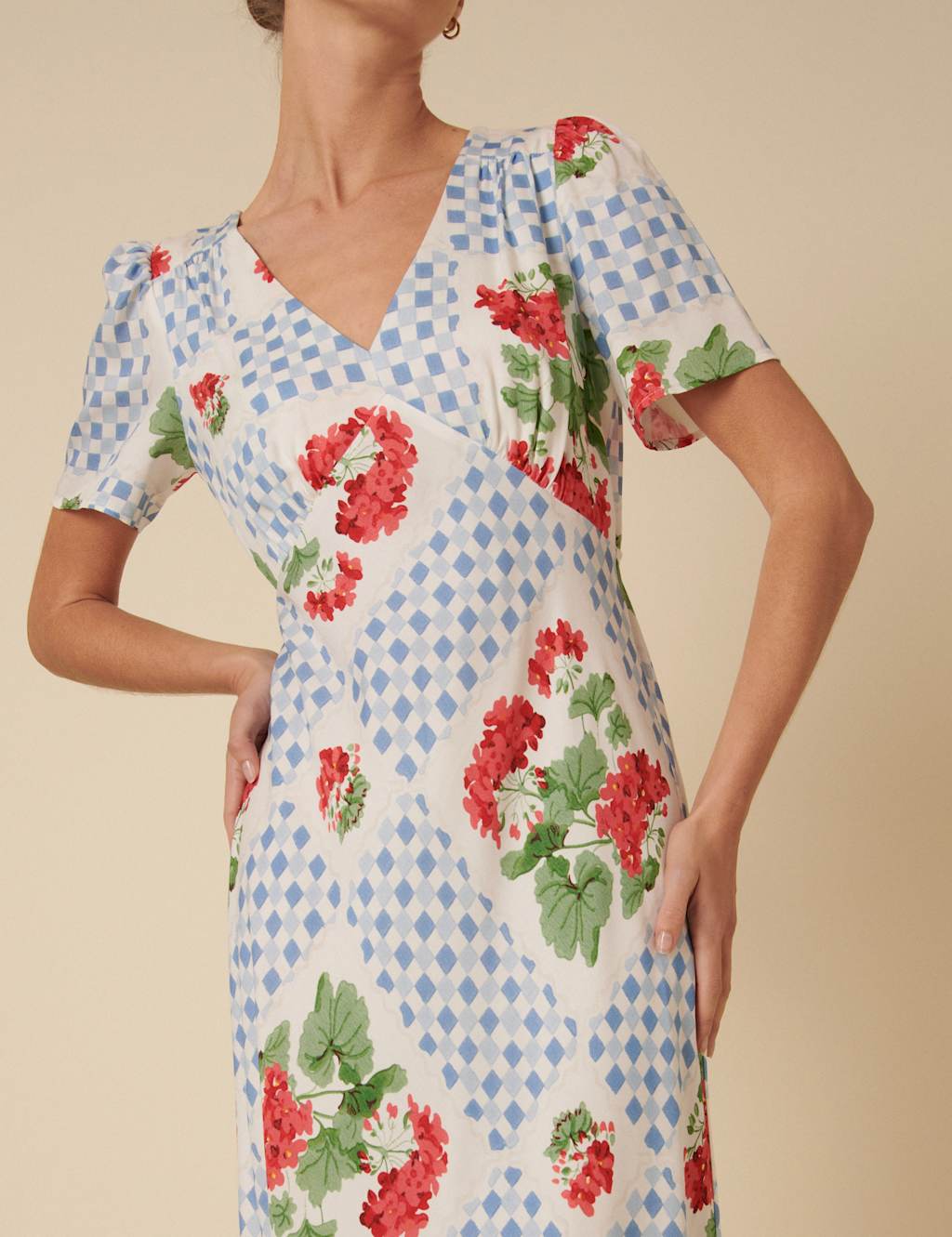 Floral V-Neck Puff Sleeve Midi Tea Dress 4 of 4