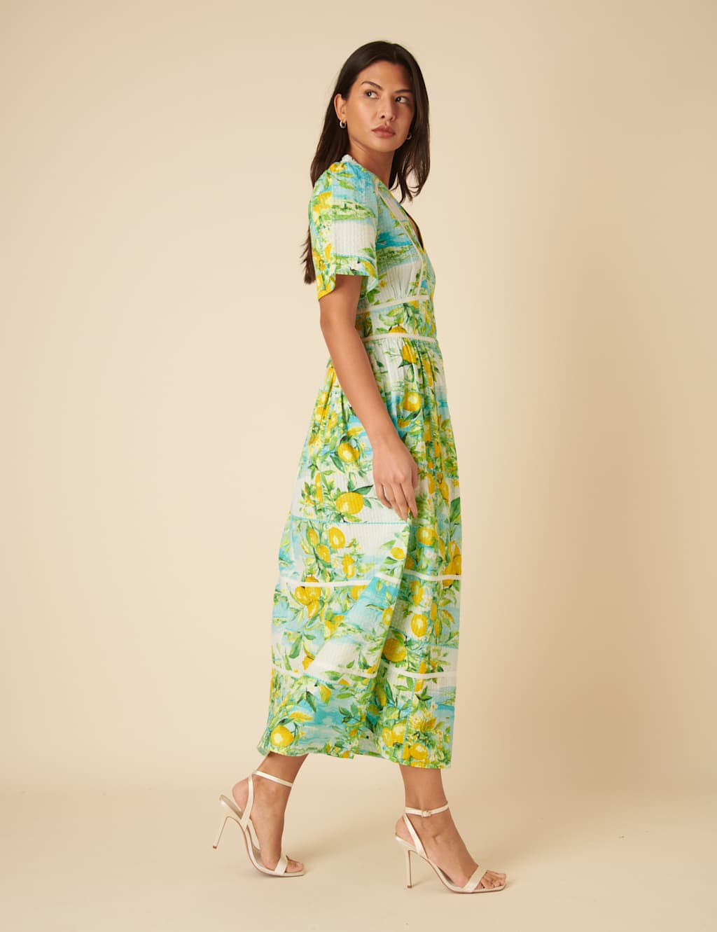 Pure Cotton Lemon Print V-Neck Button Front Midaxi Waisted Dress 2 of 5