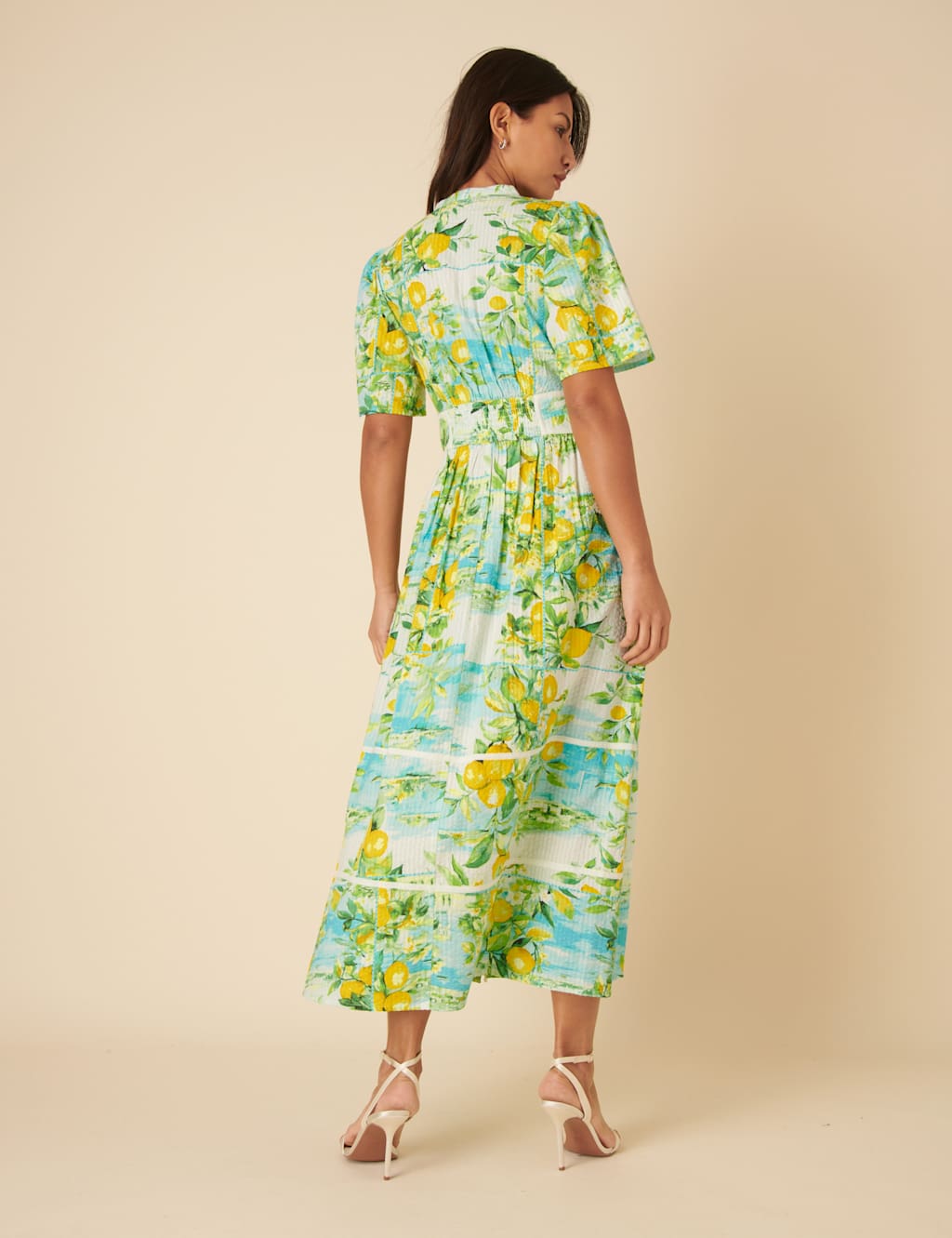 Pure Cotton Lemon Print V-Neck Button Front Midaxi Waisted Dress 3 of 5
