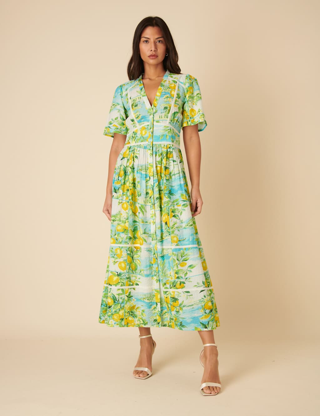 Pure Cotton Lemon Print V-Neck Button Front Midaxi Waisted Dress 5 of 5