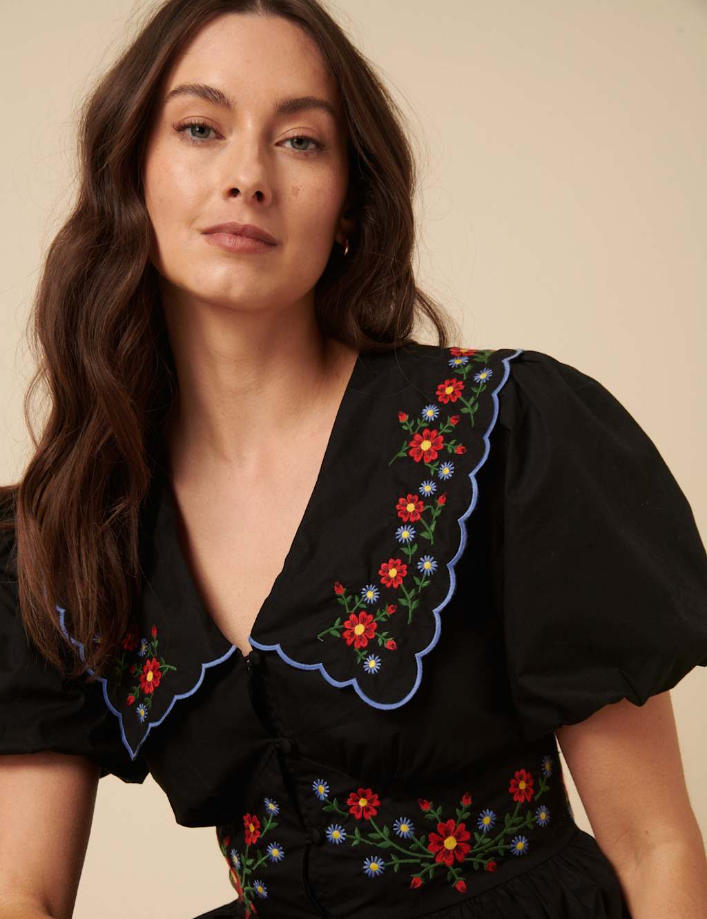 Pure Cotton Embroidered Midi Waisted Dress 3 of 4