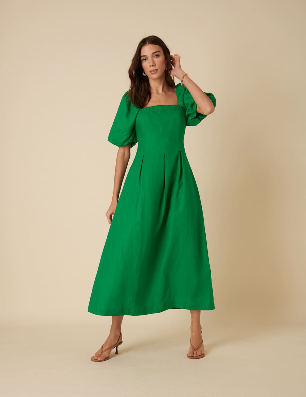 Pure Linen Square Neck Puff Sleeve Midi Dress 2 of 5