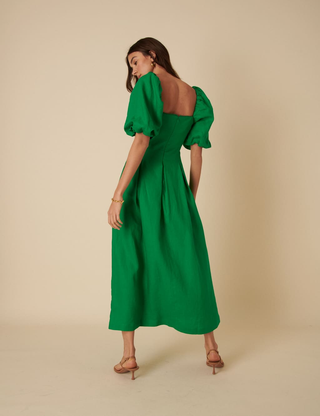 Pure Linen Square Neck Puff Sleeve Midi Dress 3 of 5