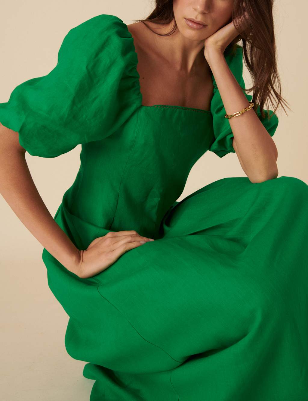 Pure Linen Square Neck Puff Sleeve Midi Dress 4 of 5
