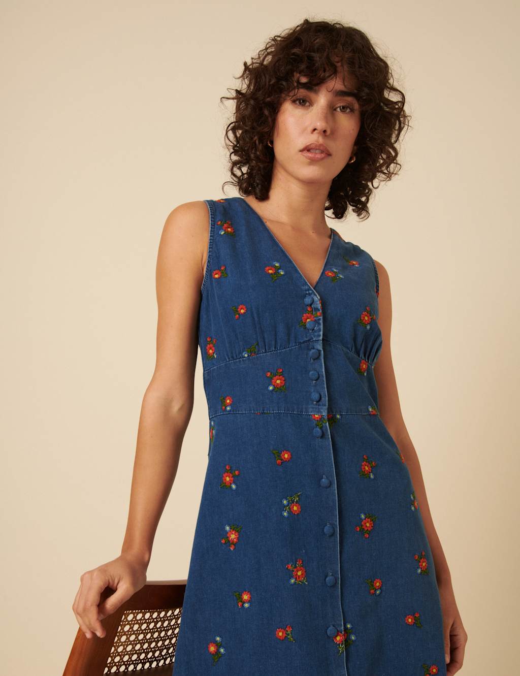 Denim Embroidered V-Neck Midi Tea Dress 2 of 4