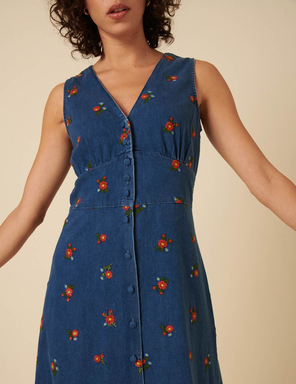 Denim Embroidered V-Neck Midi Tea Dress 4 of 4