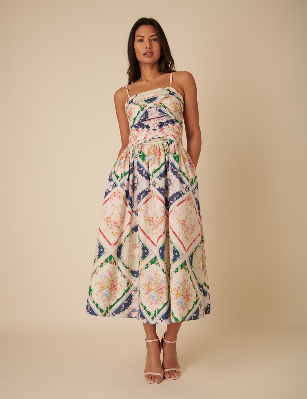 Pure Cotton Scarf Print Square Neck Strappy Midaxi Waisted Dress 2 of 4