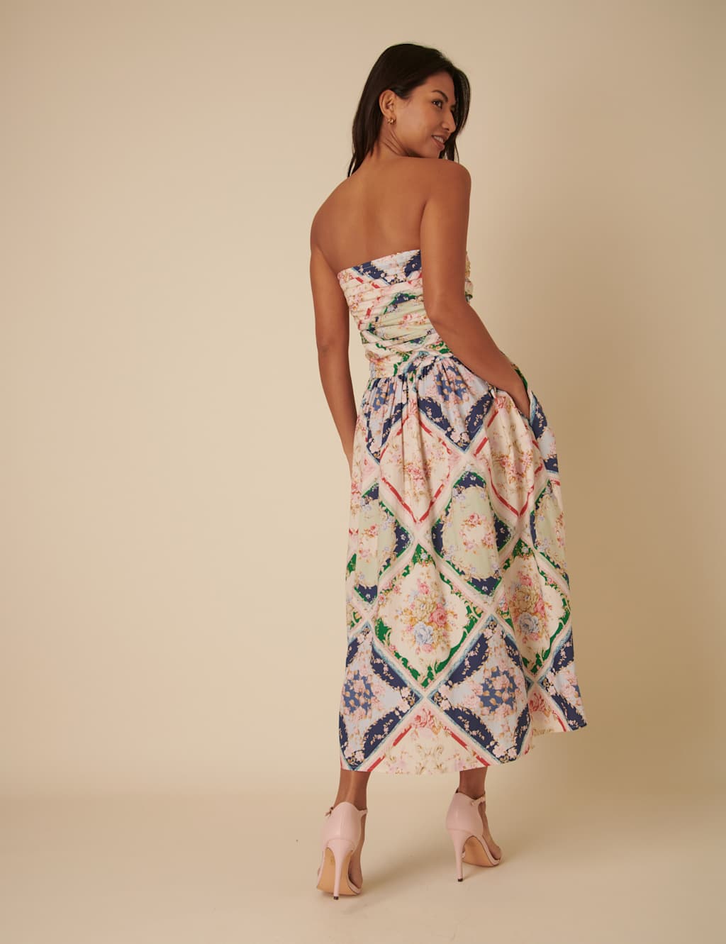 Pure Cotton Scarf Print Square Neck Strappy Midaxi Waisted Dress 3 of 4