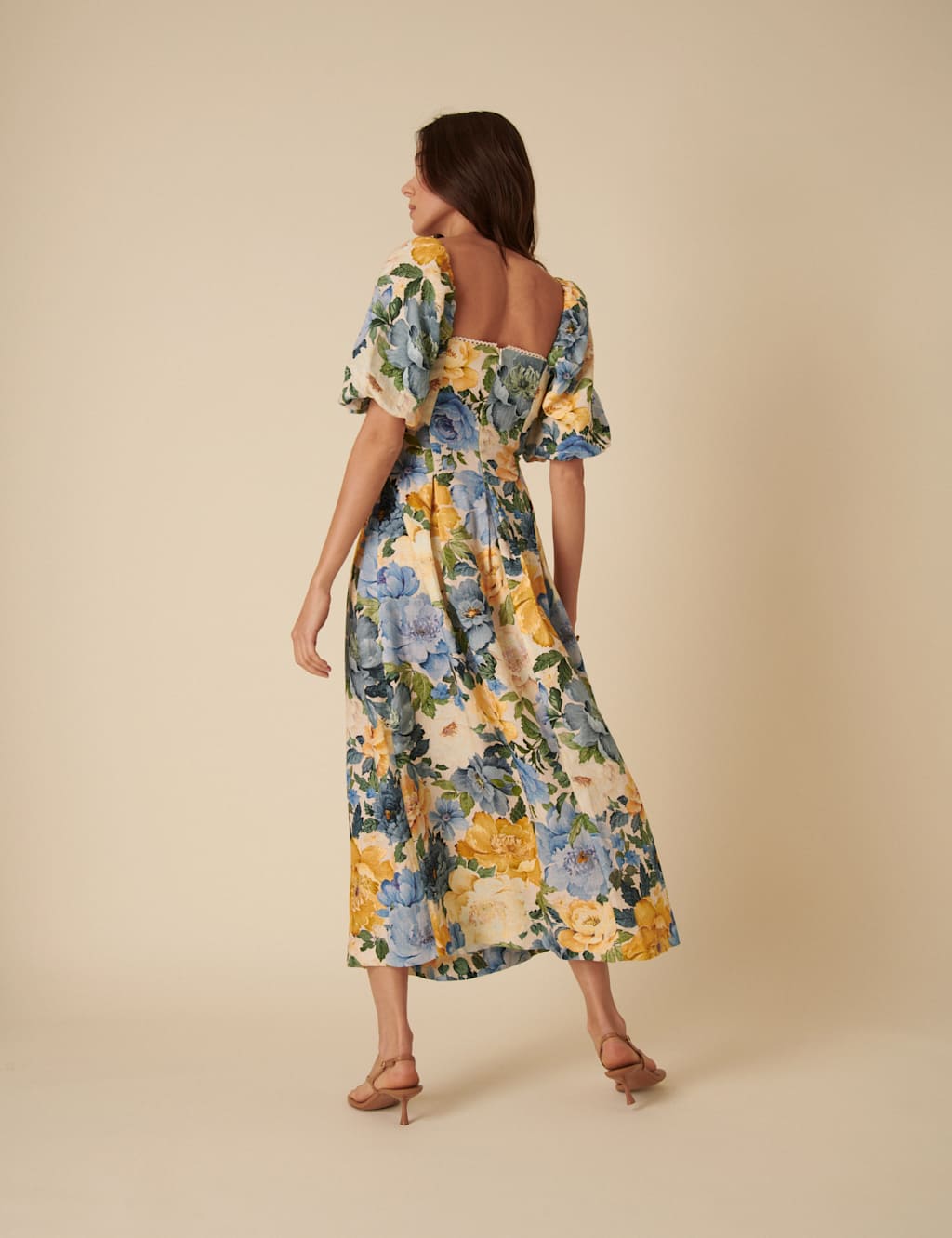 Pure Linen Floral Square Neck Waisted Dress 3 of 5