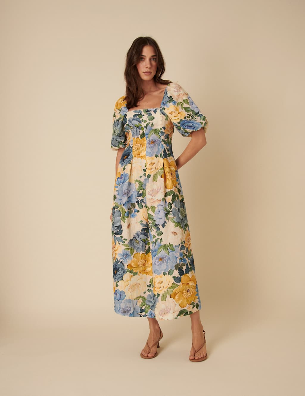 Pure Linen Floral Square Neck Waisted Dress 5 of 5