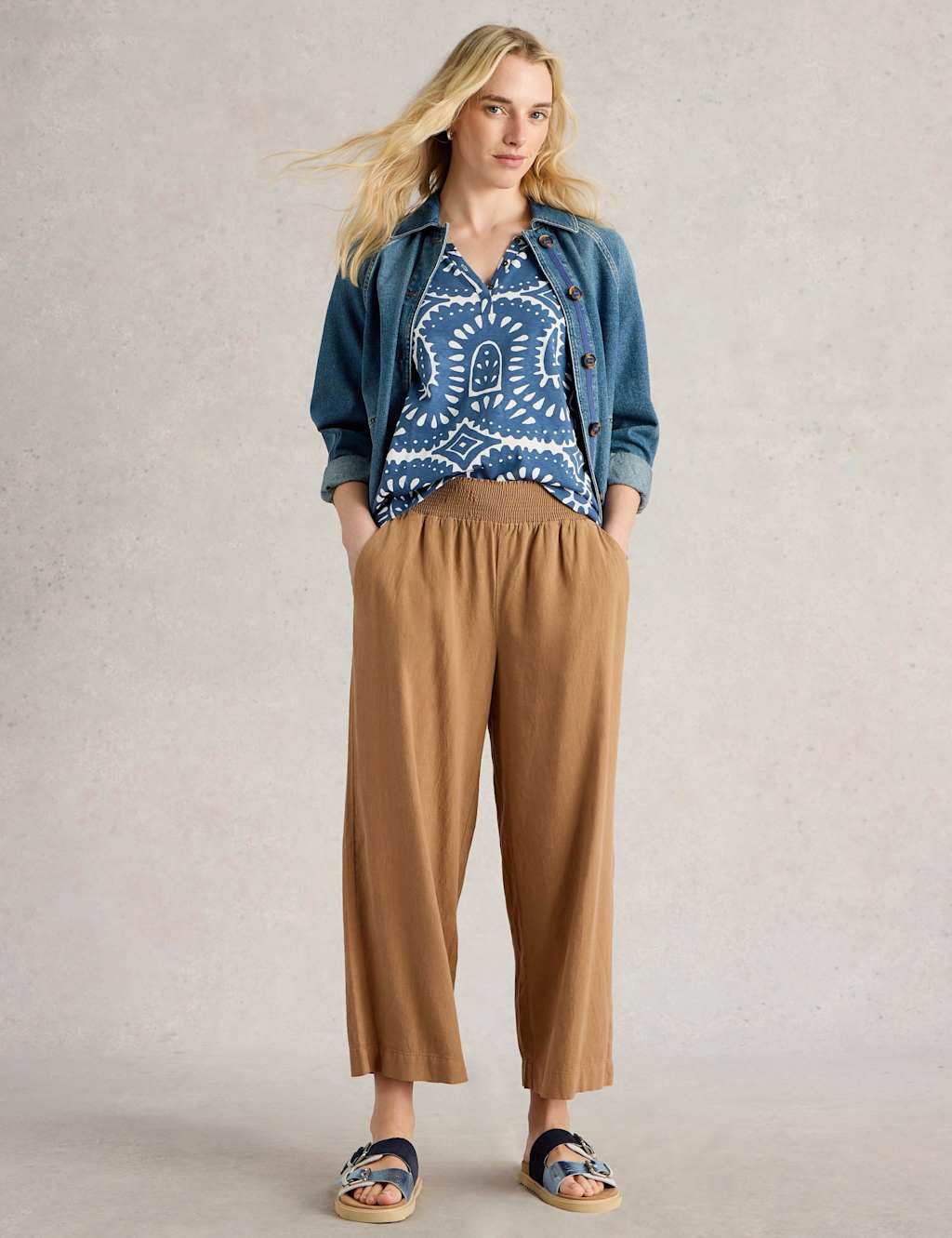 Linen Rich Wide Leg Cropped Culottes 3 of 6