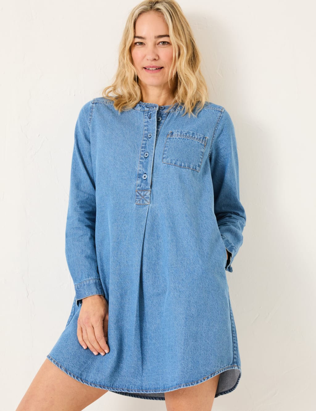 Pure Cotton Denim Collarless Tunic Shirt Dress 4 of 5