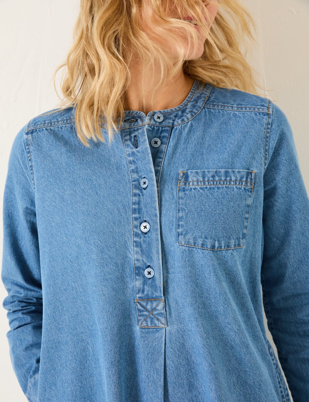 Pure Cotton Denim Collarless Tunic Shirt Dress 5 of 5