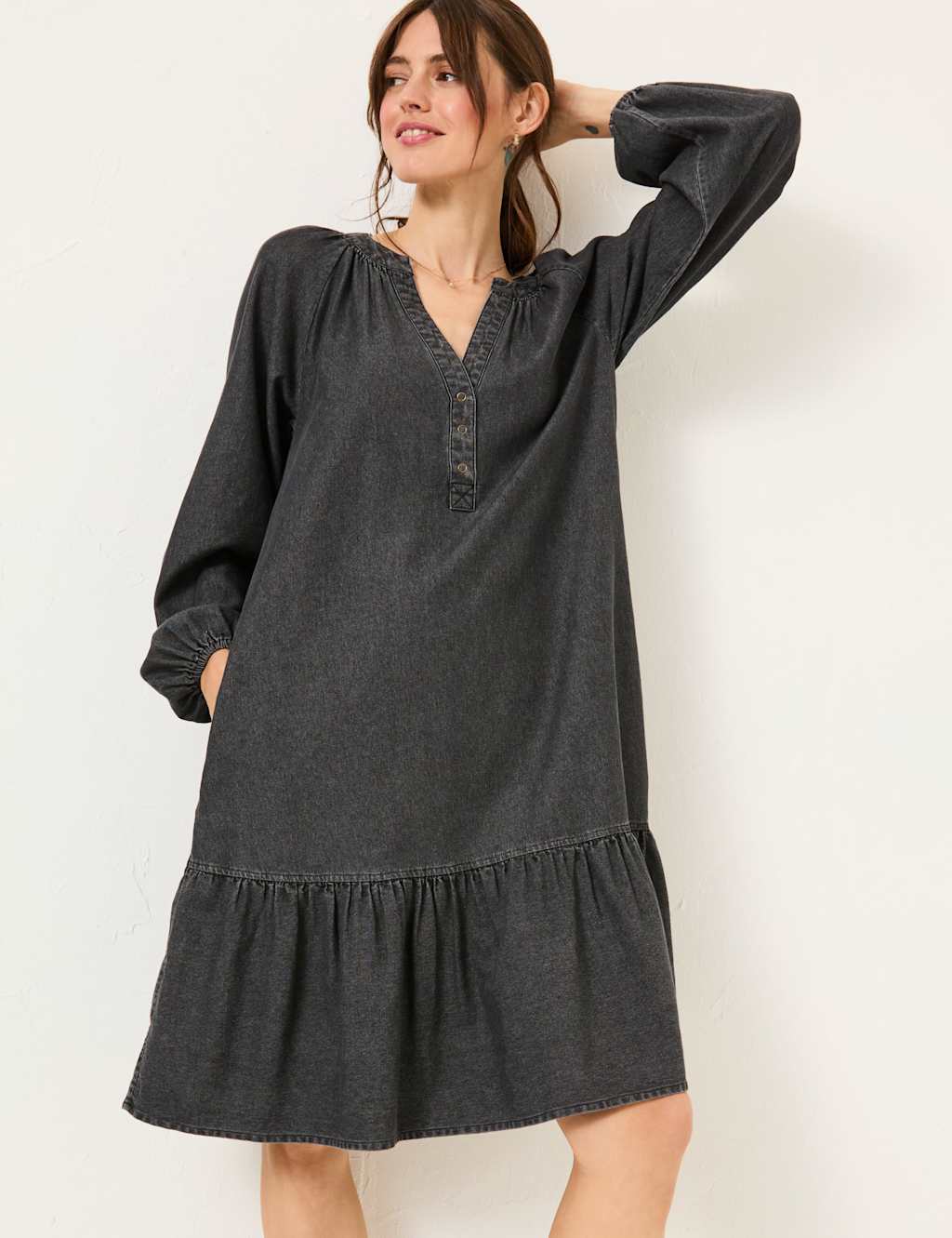 Denim Notch Neck Knee Length Tiered Dress 3 of 5