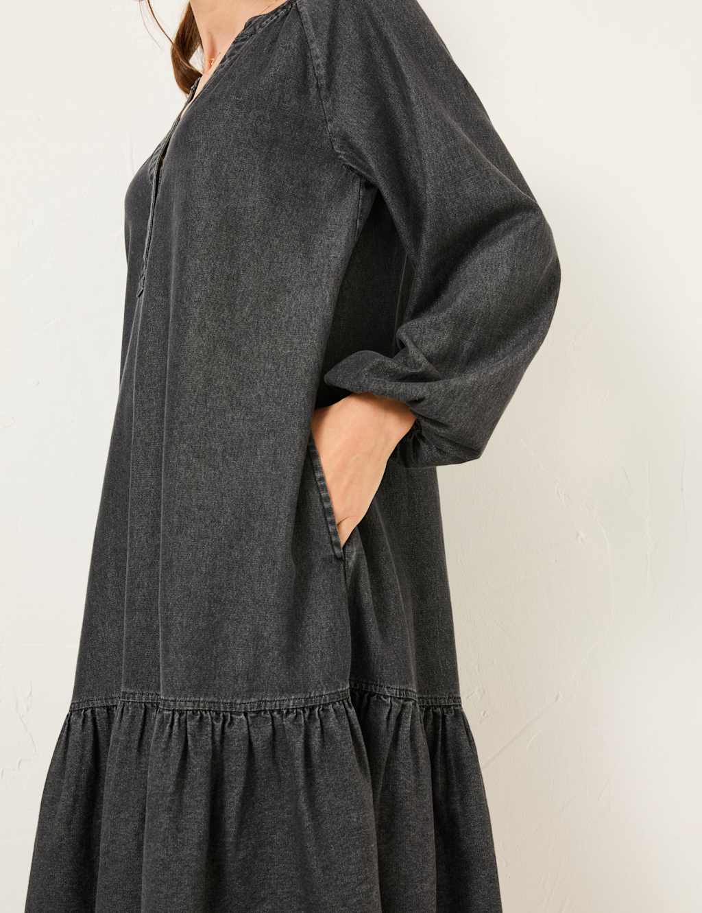 Denim Notch Neck Knee Length Tiered Dress 5 of 5