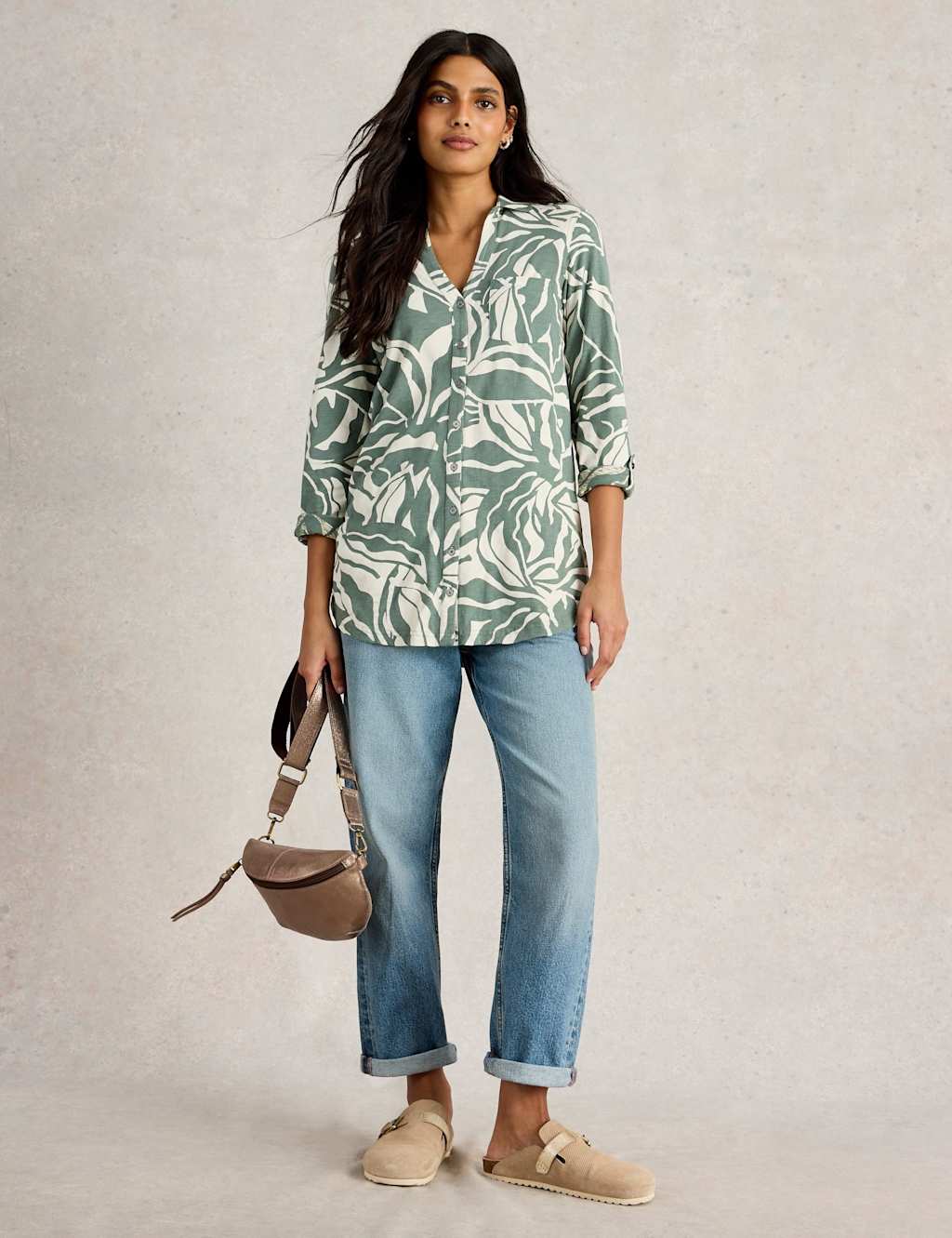 Pure Cotton Leaf Print Collared Longline Shirt 3 of 6