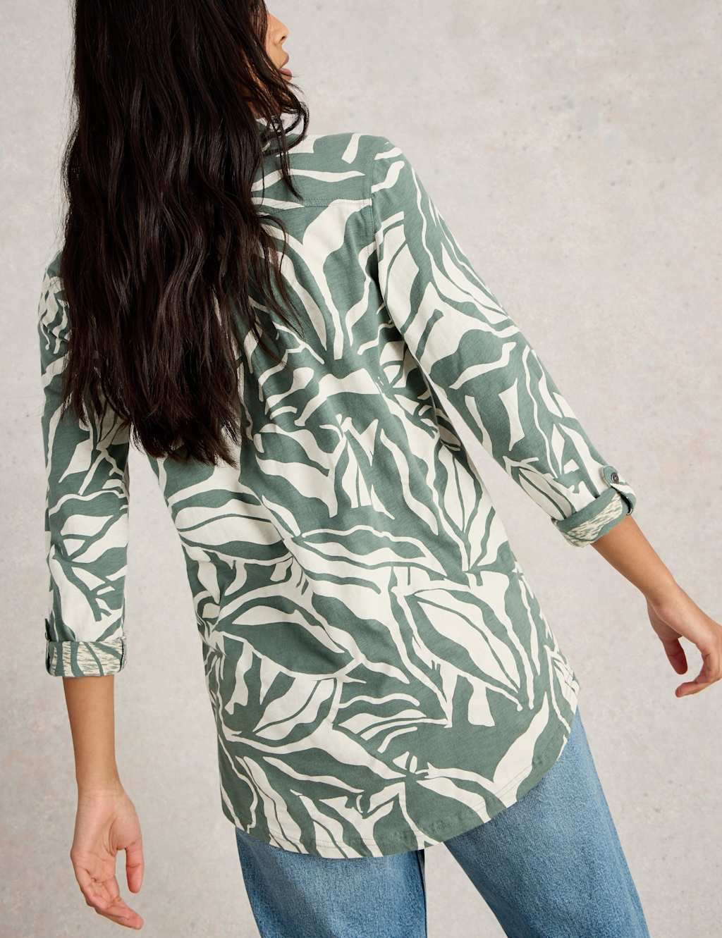Pure Cotton Leaf Print Collared Longline Shirt 4 of 6