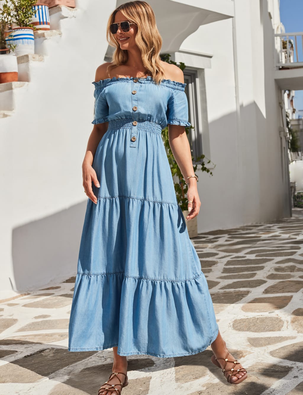 Pure Lyocell Bardot Midaxi Shirred Dress 3 of 6