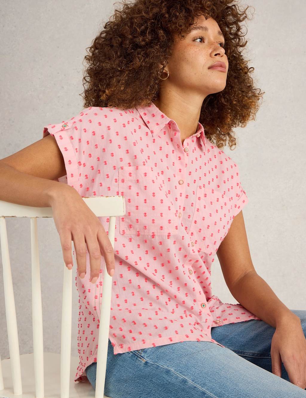 Pure Cotton Textured Collared Cap Sleeve Shirt 5 of 6