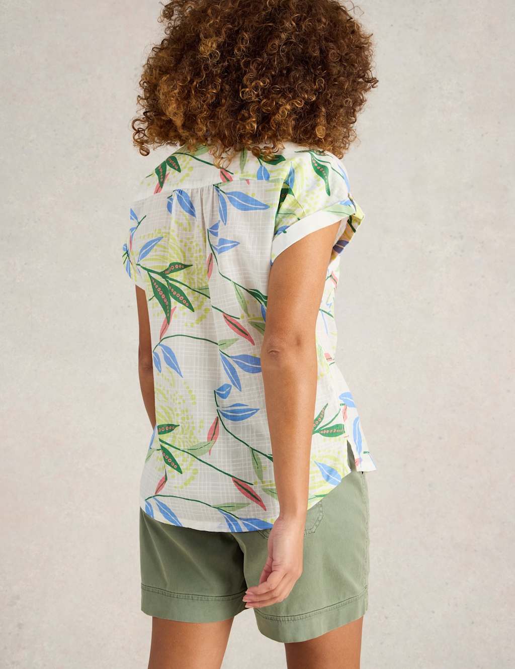 Pure Cotton Leaf Print Collared Cap Sleeve Shirt 4 of 6