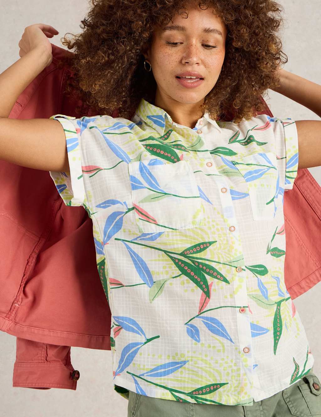 Pure Cotton Leaf Print Collared Cap Sleeve Shirt 5 of 6