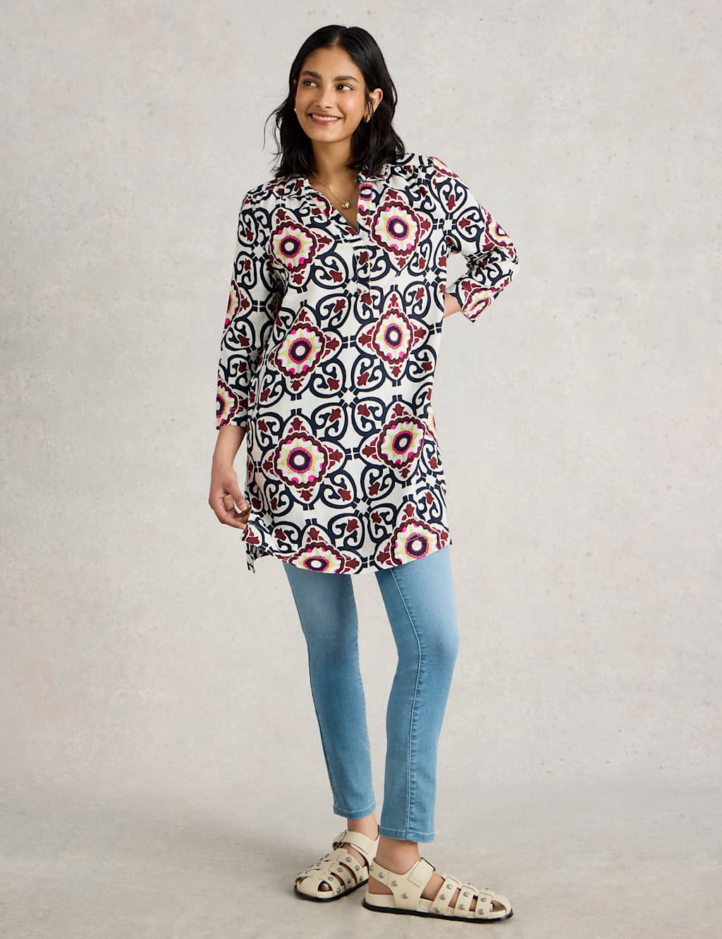 Pure Linen Printed V-Neck Collared Tunic 3 of 6