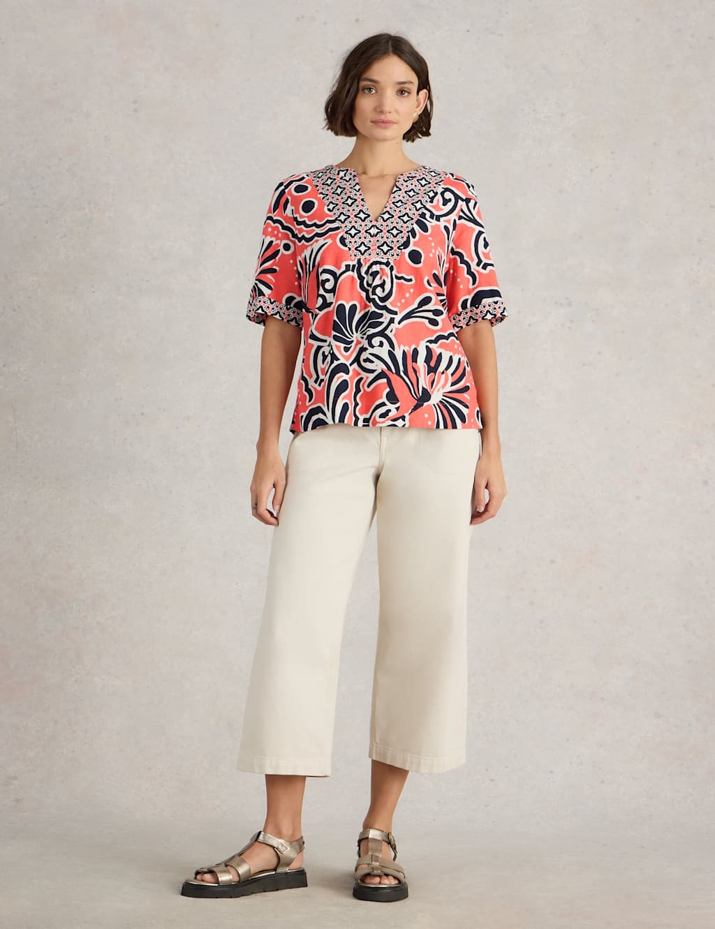 Linen Blend Printed V-Neck Top 3 of 6