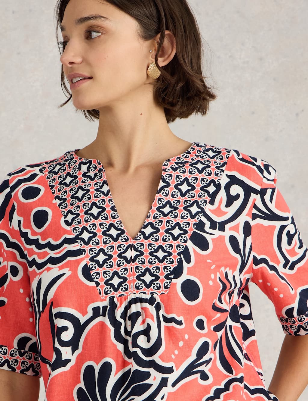 Linen Blend Printed V-Neck Top 5 of 6