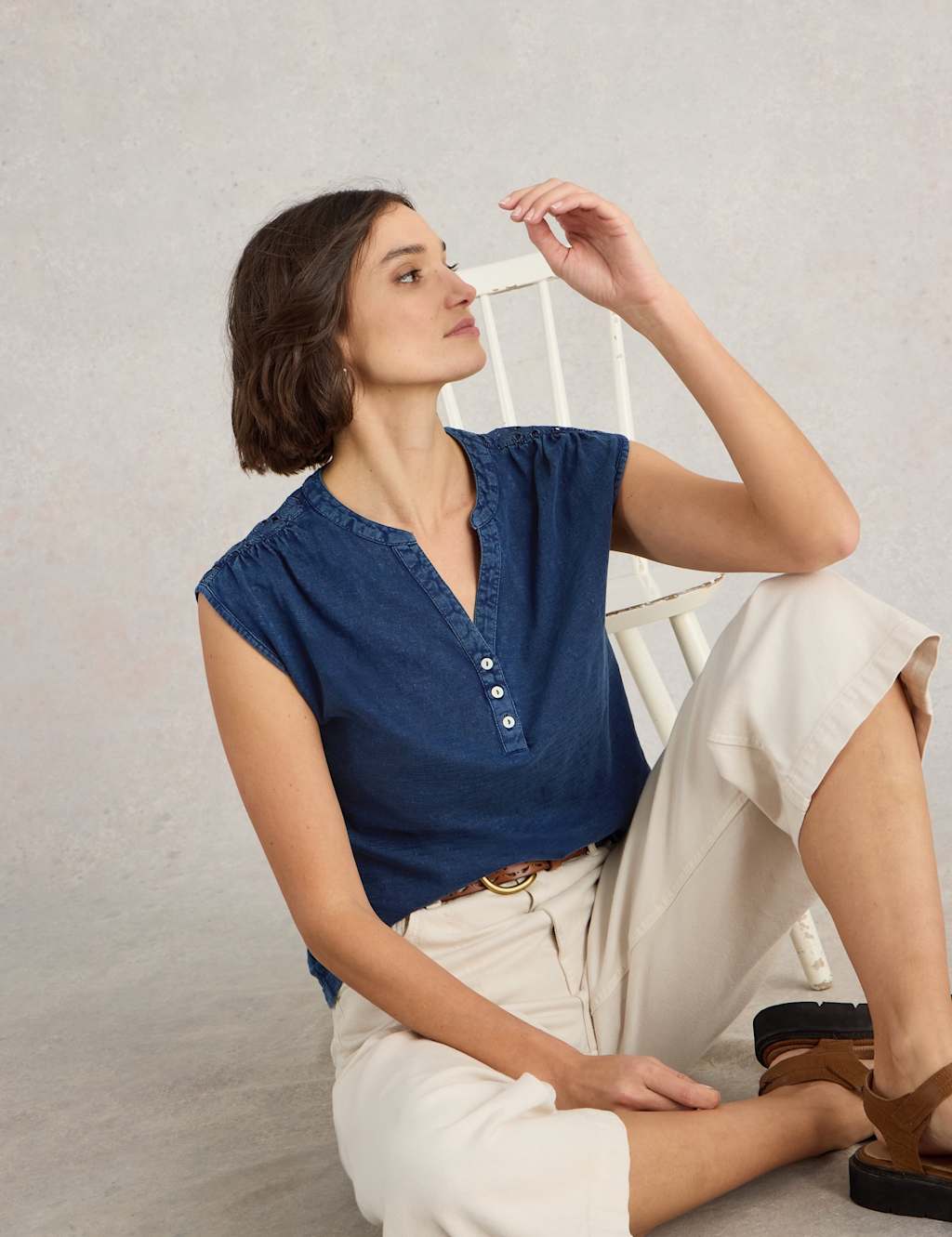 Pure Cotton Broderie Detail V-Neck Top 5 of 6