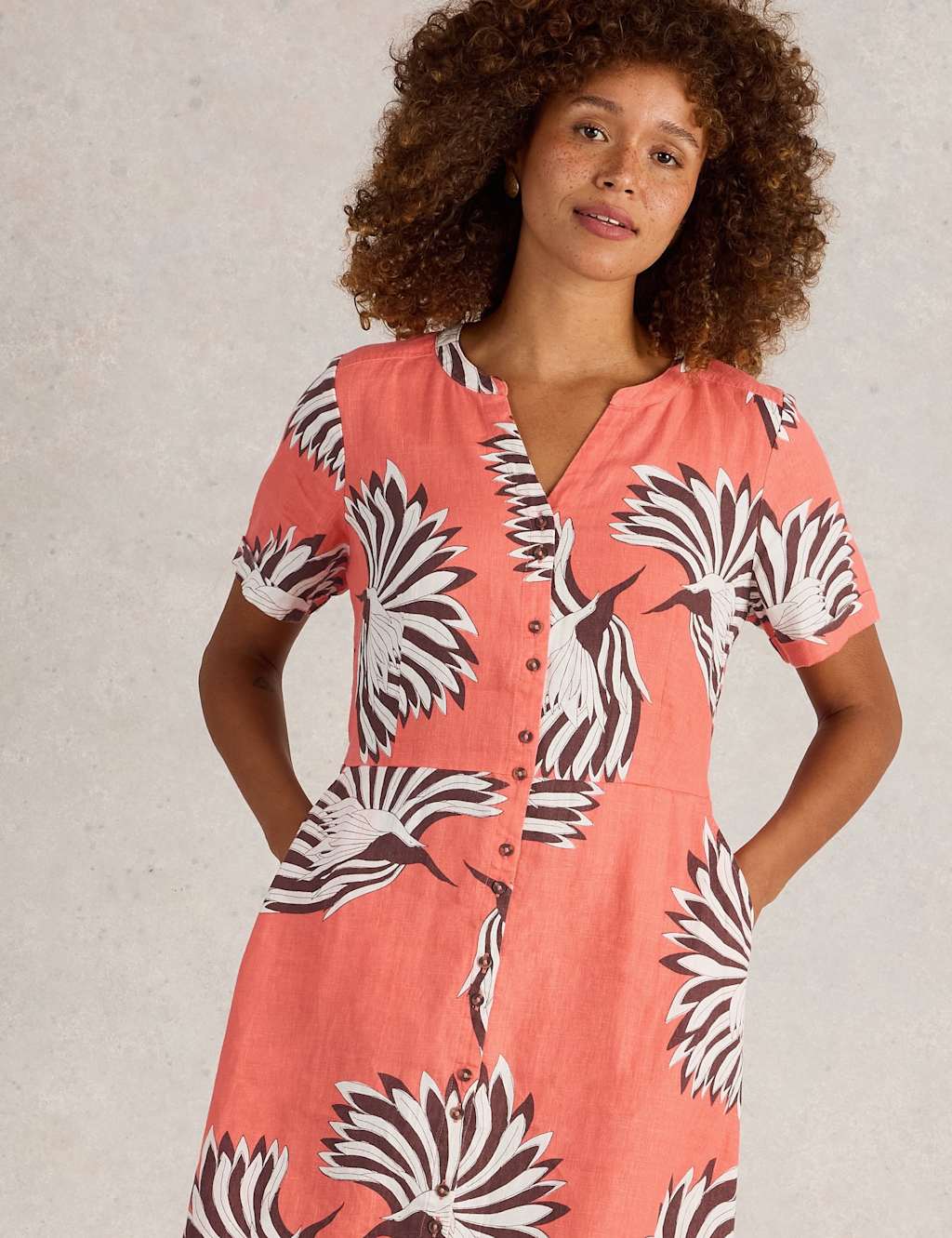 Linen Rich Printed Notch Neck Midi Tea Dress 4 of 6