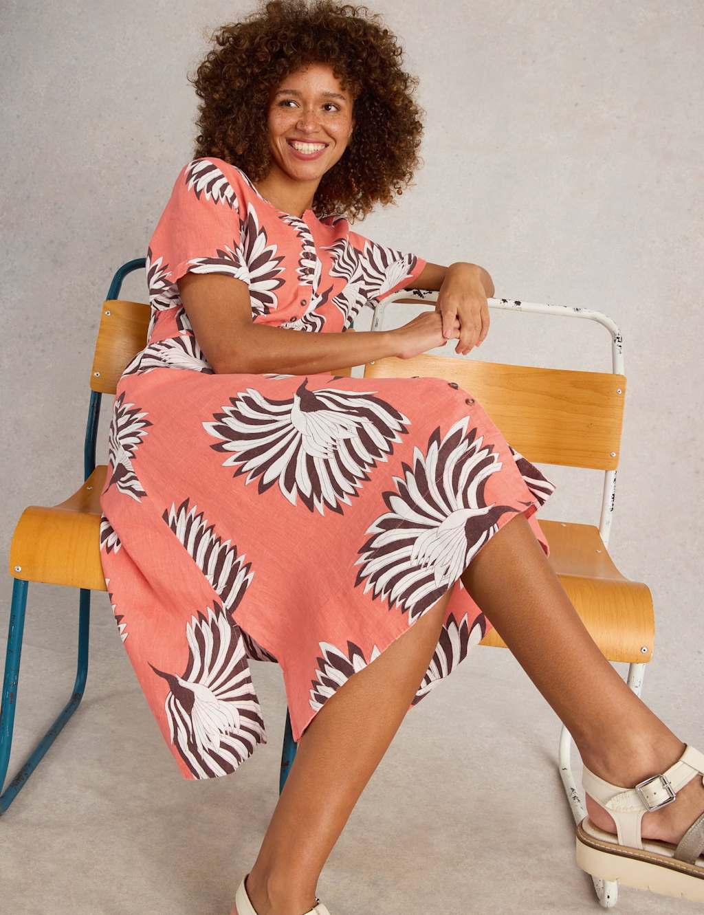 Linen Rich Printed Notch Neck Midi Tea Dress 5 of 6