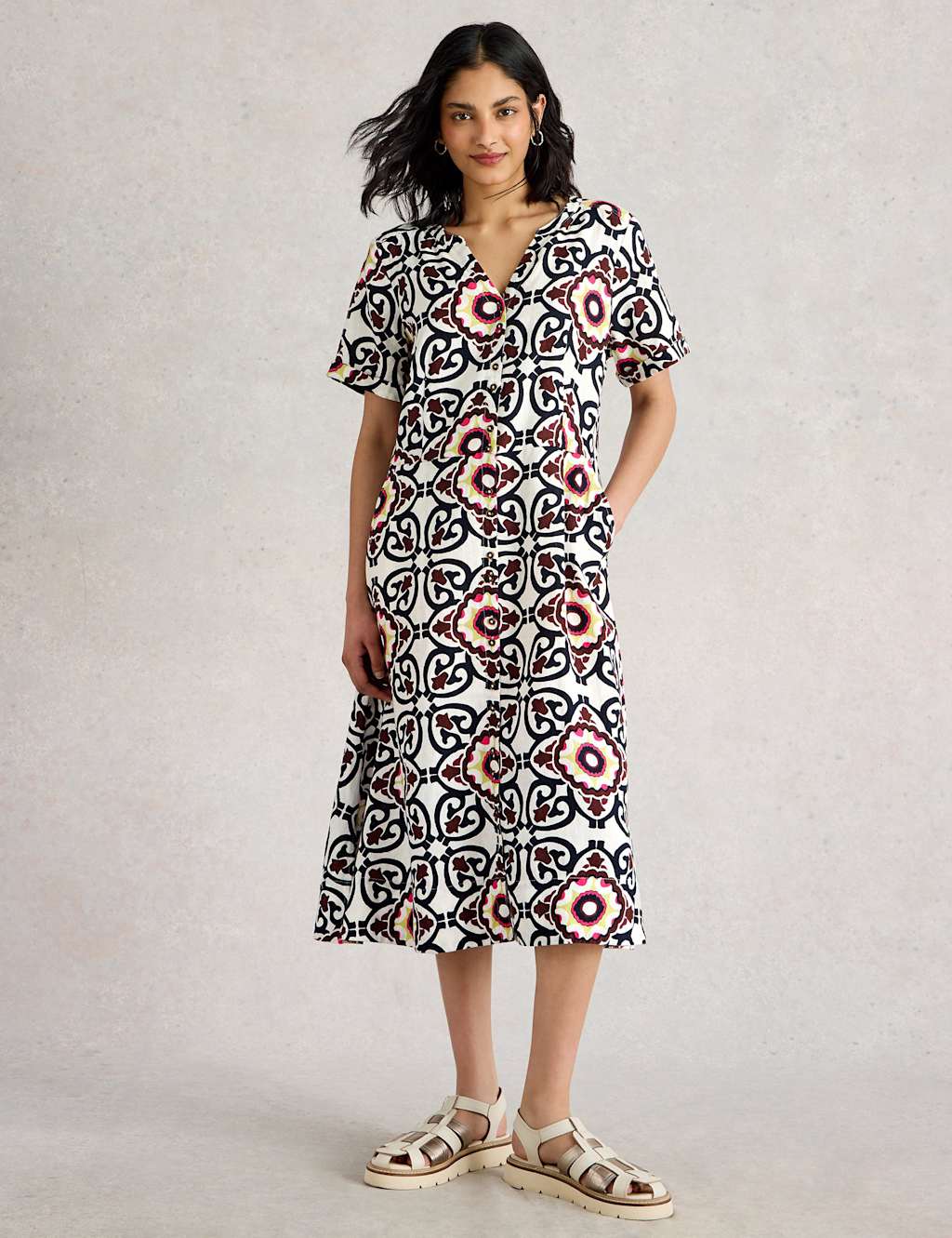 Pure Linen Printed Midi Shirt Dress 3 of 6
