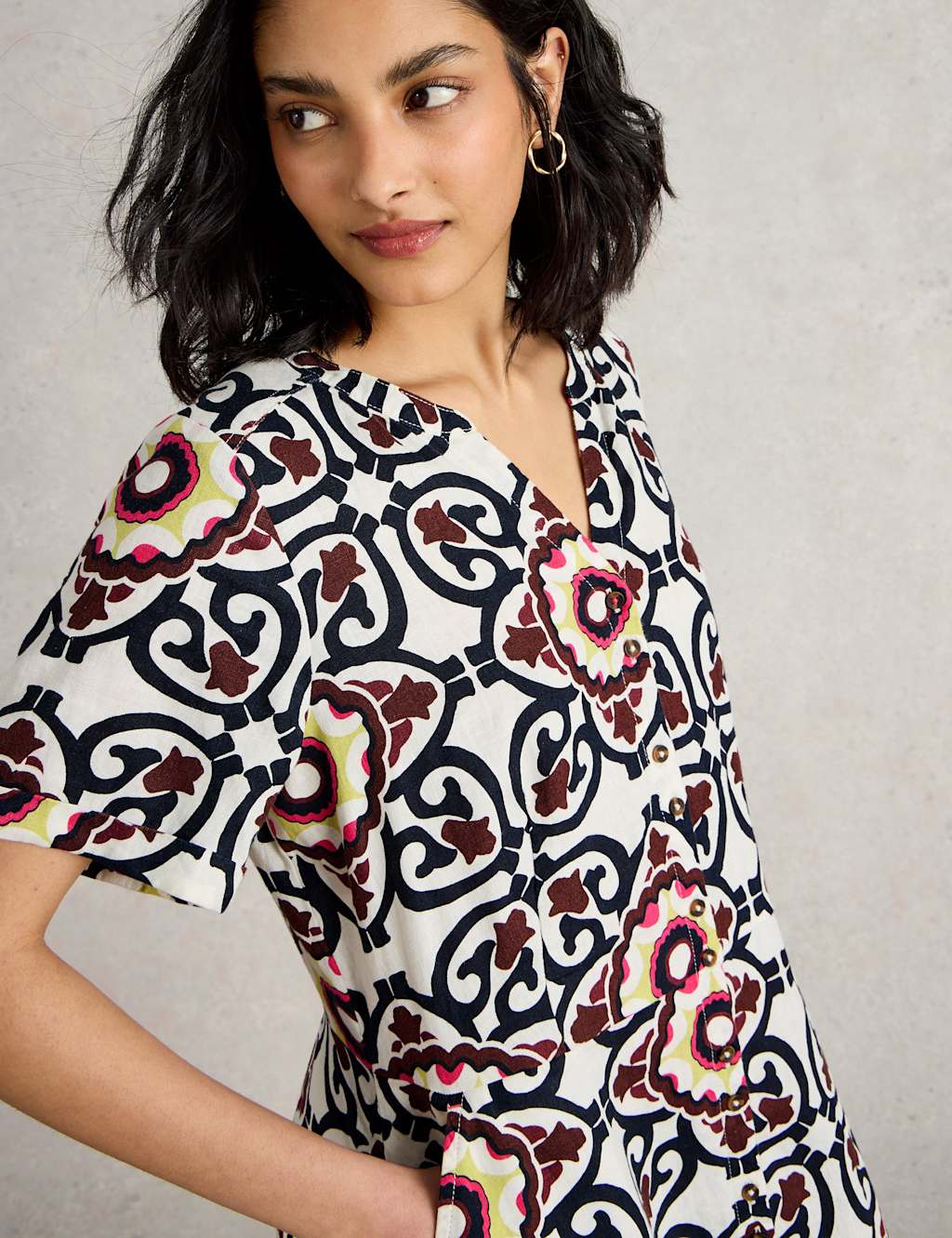 Pure Linen Printed Midi Shirt Dress 5 of 6