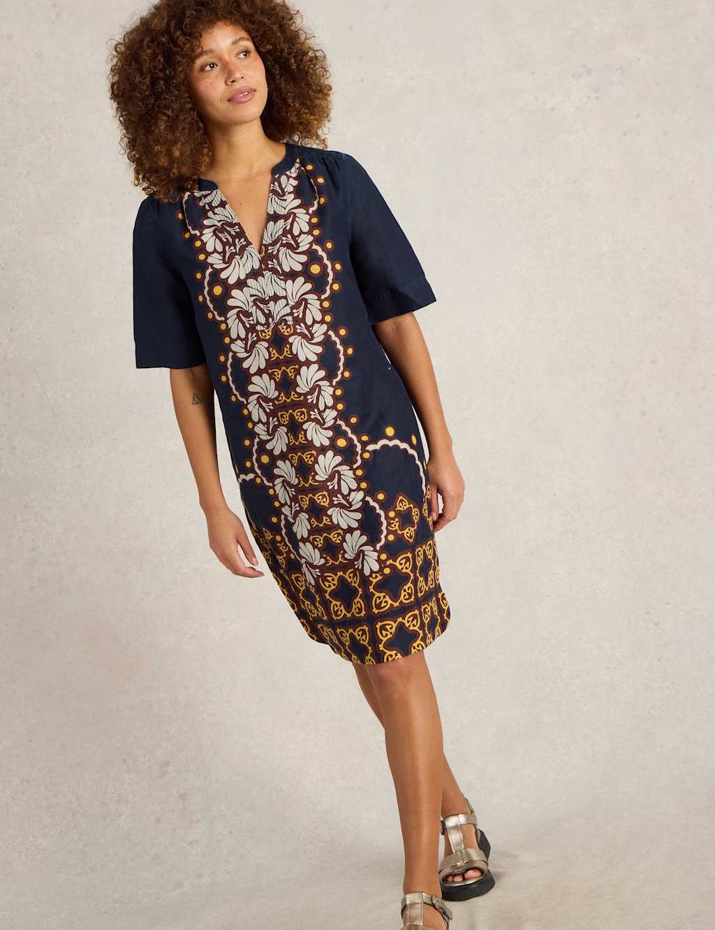 Pure Linen Printed Notch Neck Shift Dress 5 of 6